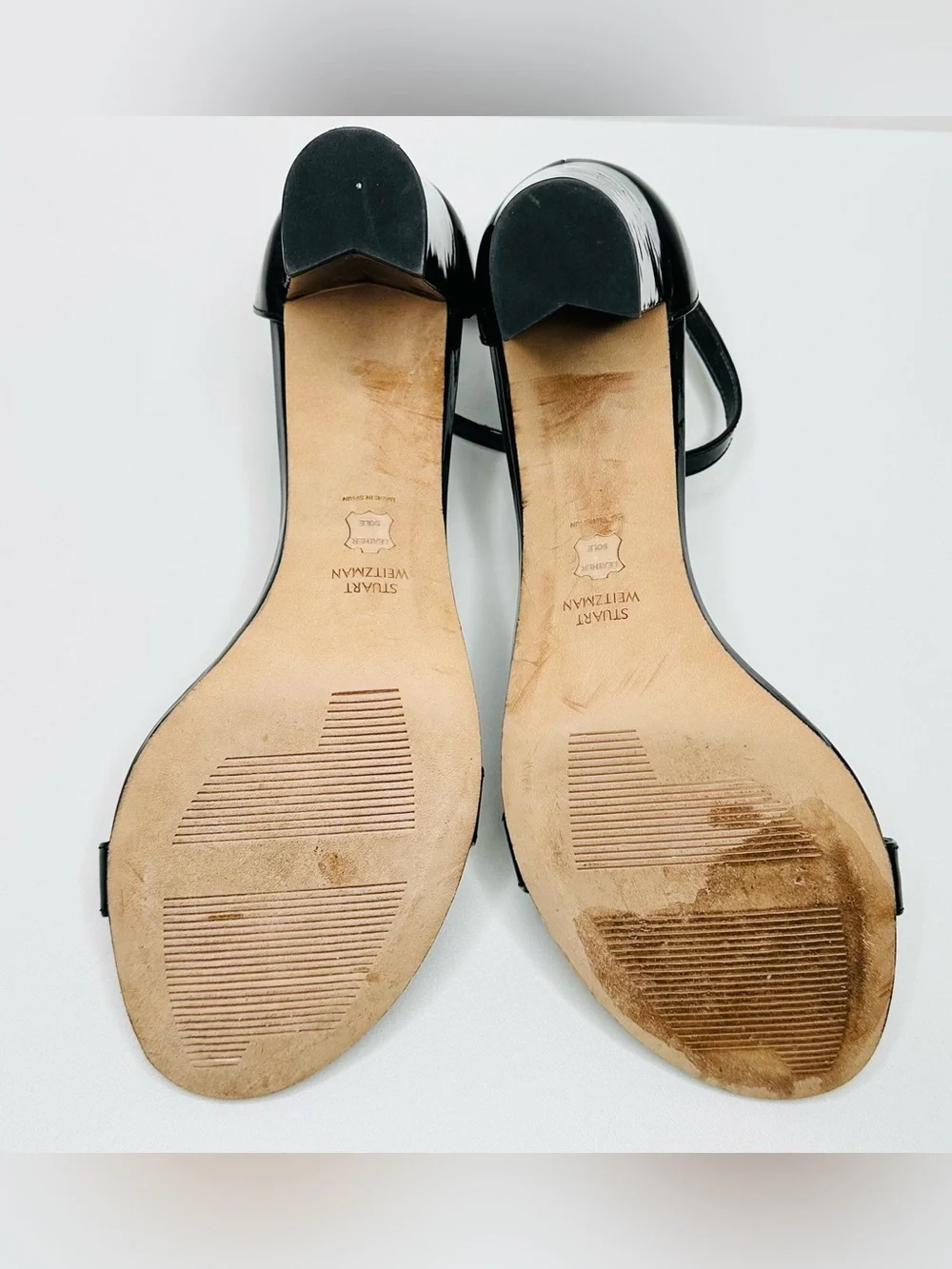 Stuart Weitzman Black Patent Leather Nudist Curve Ankle-Strap Heels Shoes Sandal